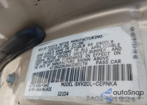 1998 Toyota Camry Le from USA, damaged, VIN 4T1BG22K8WU280178